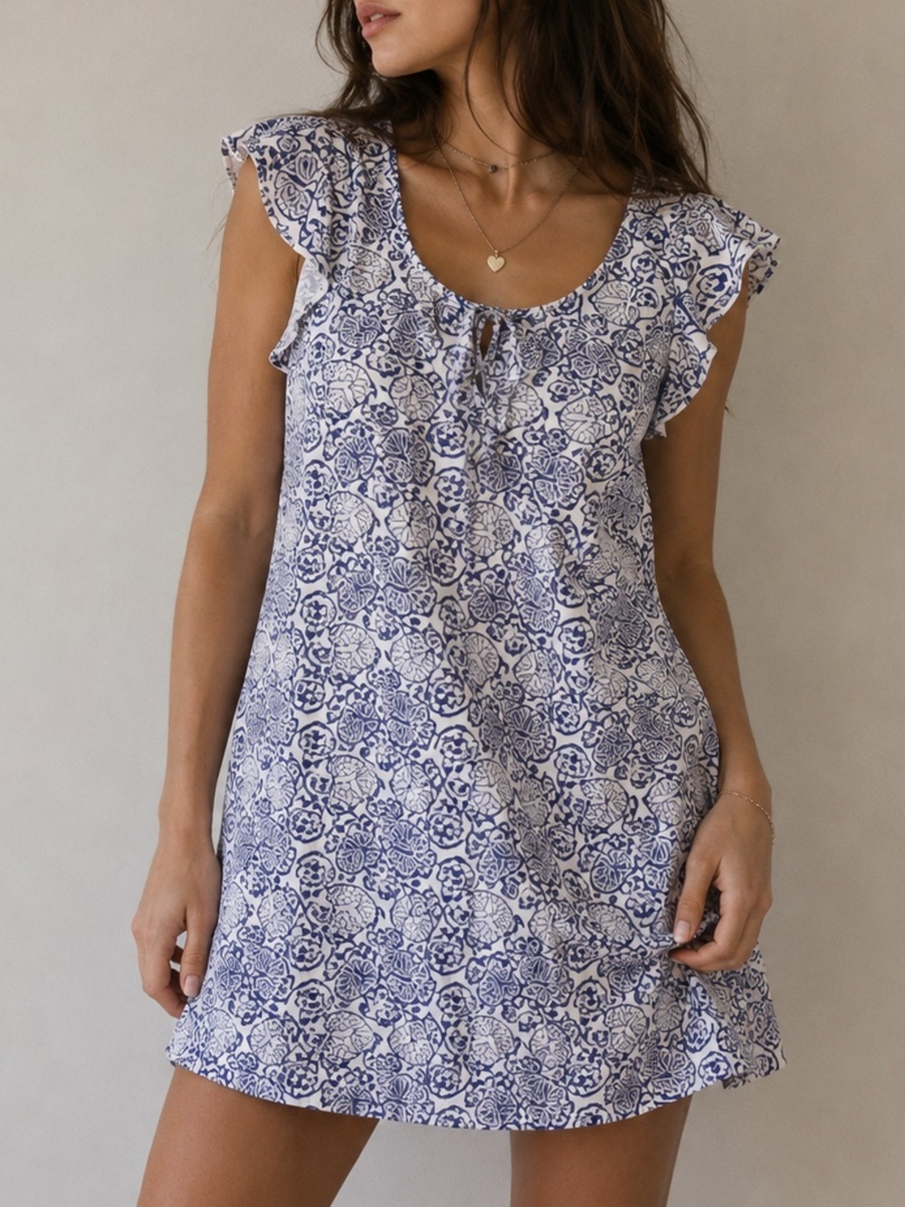 Roller Rabbit Blue White Floral Cotton Tunic‎ Dress XS Keyhole
